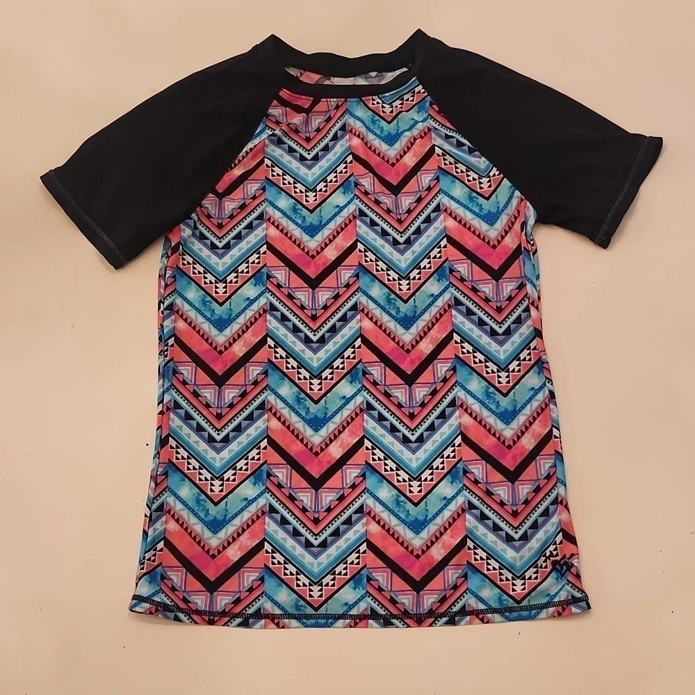 Justice Girls Short Sleeve Rash Guard Swim Shirt Geometric Pink Blue 12